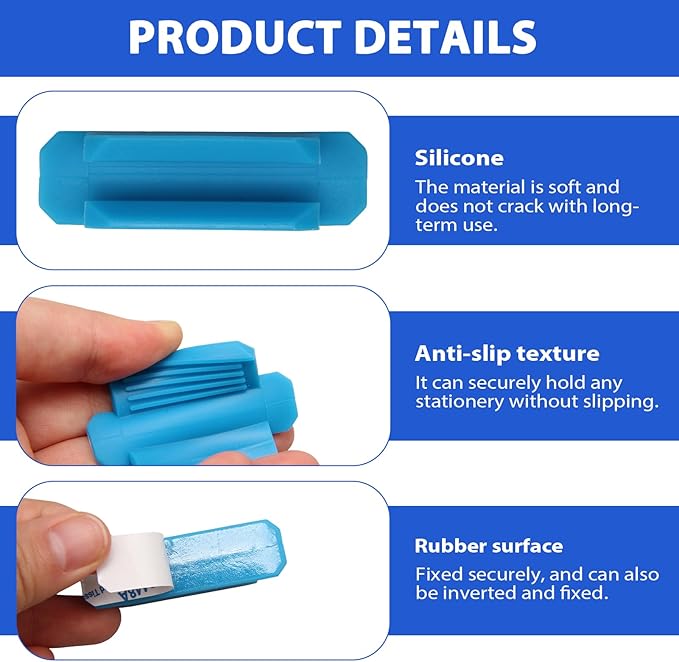 20Pcs Pencil Holder for Desk, Adhesive Pen Holder with Extra Sticky Tape, Silicone Marker Clip for Classroom Clipboard Wall Office Accessories, Teacher Supplies (Blue)