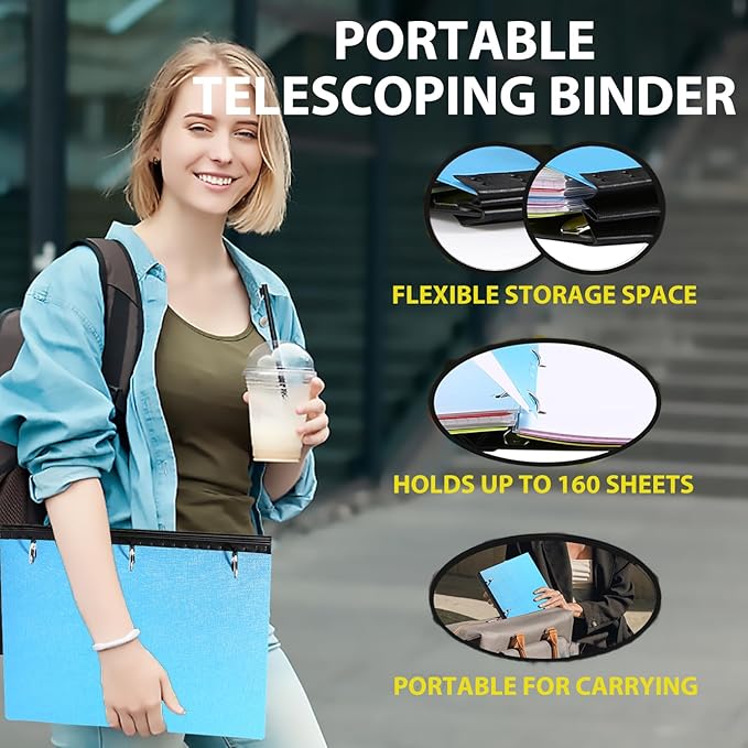 Telescoping 3 Ring Binder-12PCS, Flexible Binder with Elastic Rubble Spine+3 Round Rings, Flat Writing Binder, 4 Bright Colors