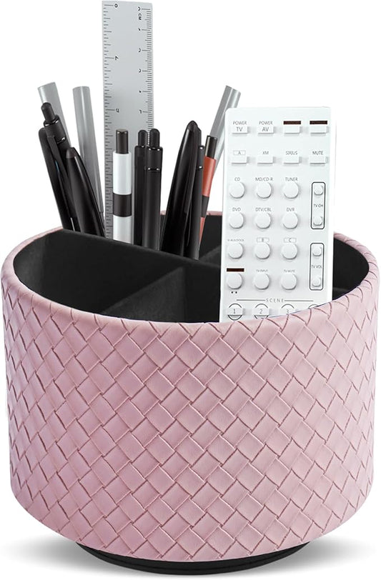 Hennaja Round Leather Art Supply Organizer,Remote Control Holder,360 Degree Spinning,Multi-Functional Pencil Holder,4 Compartments Desktop Stationary Organizer(1-Weave Purple)