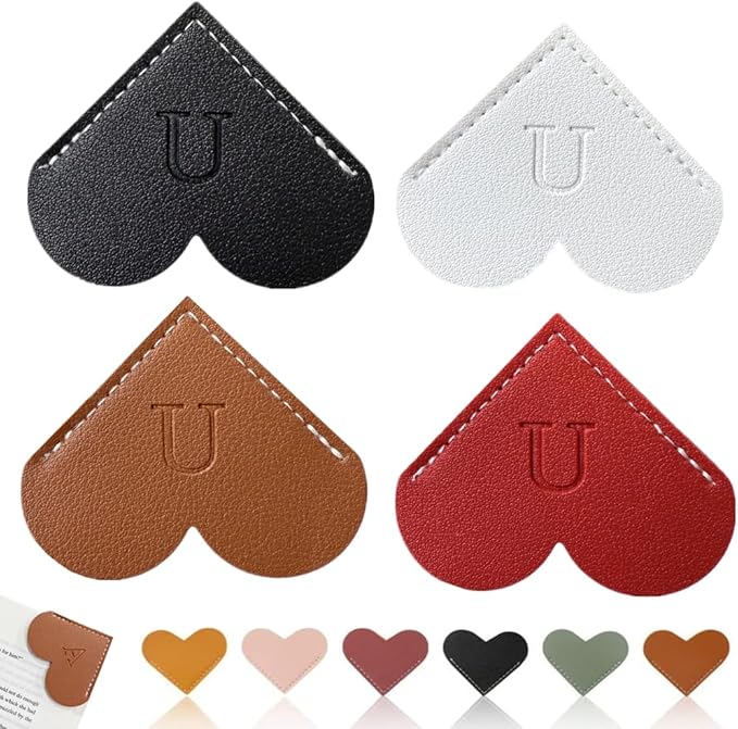 Personalized Leather Heart Bookmark, 26 Letters Customized Corner Book Mark for Reading, Book Holder Markers with Initials Page Book Accessories Cute Gifts (Black+White+Dark Brown+red,U)