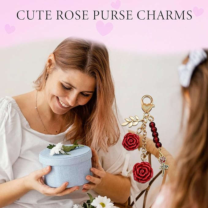Rose Purse Charms Cute Flower Keychain With Heart Sticker Charm Chain For Kindle Colorful Bag Charms For Handbags