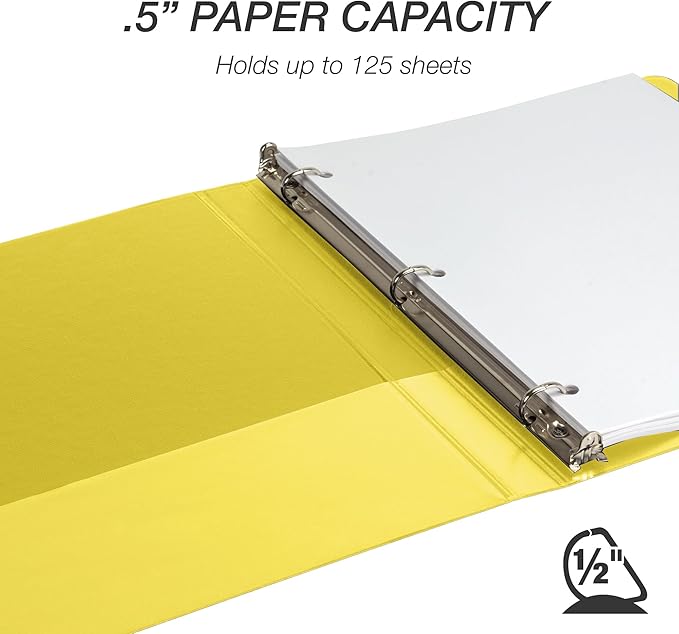 Samsill Durable 0.5 inch 3 Ring Binder, Made in USA, D Ring Binder,FSC 100% Recycled Chipboard, Yellow, 12 Pack