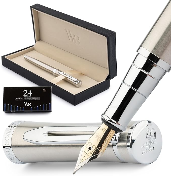 Wordsworth & Black Fountain Pen Set, 18K Gilded Extra Fine Nib, Includes 6 Pack Ink Cartridges, Ink Refill Converter & Gift Box, Chrome Finish, Calligraphy, [Silver Chrome], Perfect for Men & Women