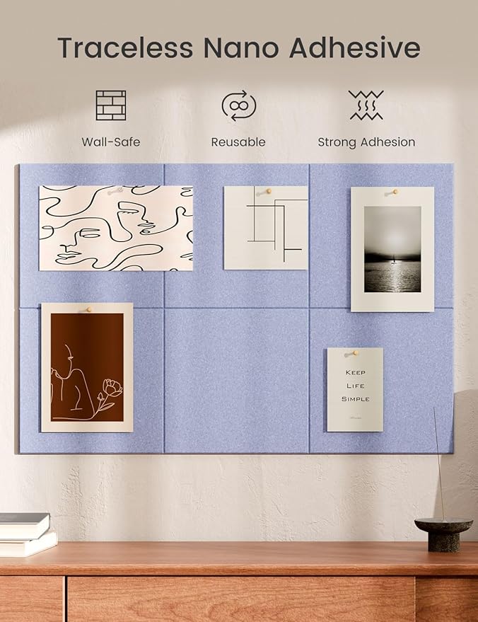 Bumusty Large Cork Board 36"x24" Alternative - 6 Pack Felt Wall Tiles with 40 Safe Removable Adhesive Tabs, 30 Pushpins, Cork Boards for Walls Pin Board Bulletin Board Office Decor (Soft Periwinkle)