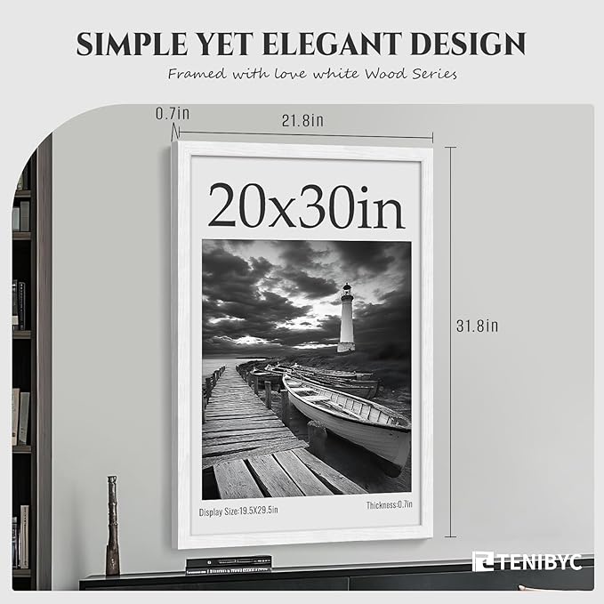 20x30 Poster Frame 4 Pack - White Solid Wood Picture Photo Frame - Woodgrain Series - Room, Office, Gallery, Studio Display - Wall Hanging