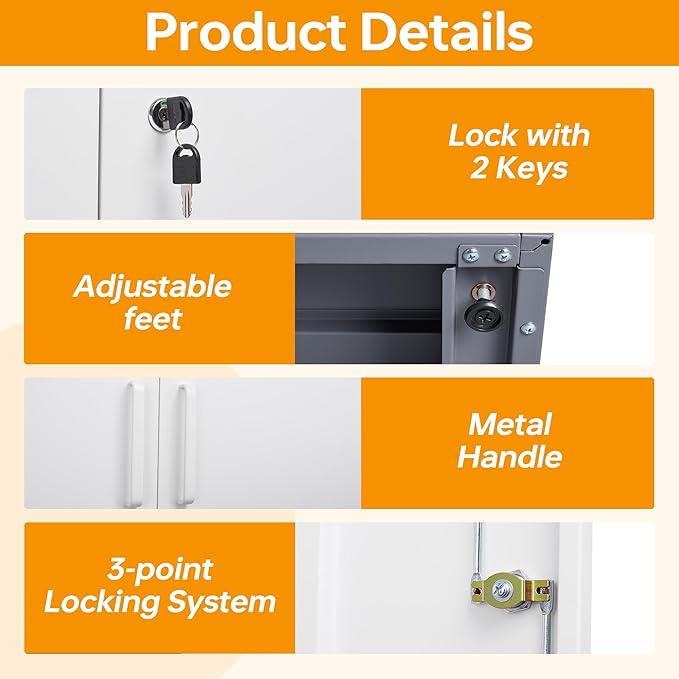 STANI Metal Garage Storage Cabinet with Lock, 71" Steel Lockable File Cabinet, Locking Steel Storage Shelf with 5 Adjustable Shelves for Home, Office, Warehouse, Garage, School (White+Grey)