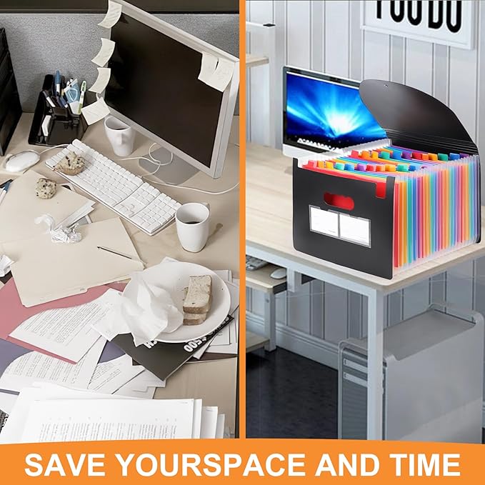 Accordion File Organizer, 24 Pockets Expanding File Folders, Portable Letter A4 Size Filing Box with Colored Labels and Expandable Cover, Monthly Bill Receipt Documents Organizer Black