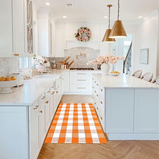 Buffalo Plaid Outdoor Rugs, 2'4" x 3'7" Orange and White Check Indoor/Outdoor Area Rug, Layering Rug for Hello/Welcome Door Mat, Washable Cotton Woven Farmhouse Mat for Fall Front Porch Décor