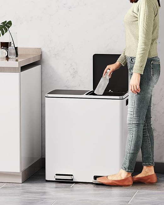 AthLike 60L(16 Gal) Dual Trash Can, Stainless Steel Kitchen Garbage Can, Double Compartment Classified Rubbish Bin, Recycle Dustbin w/Plastic Inner Buckets, Soft-Close Lid, Airtight, White