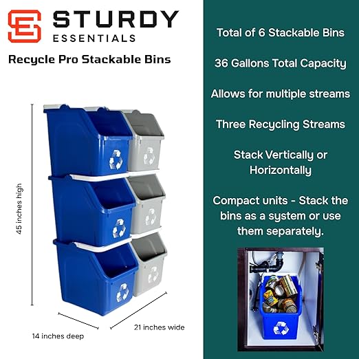 Multi Recycling System with Three Stackable 5 Gallon Bins to Build Your Recycling Center for Offices, Homes, Garages, Businesses - (6 Pack, Blue/Grey)