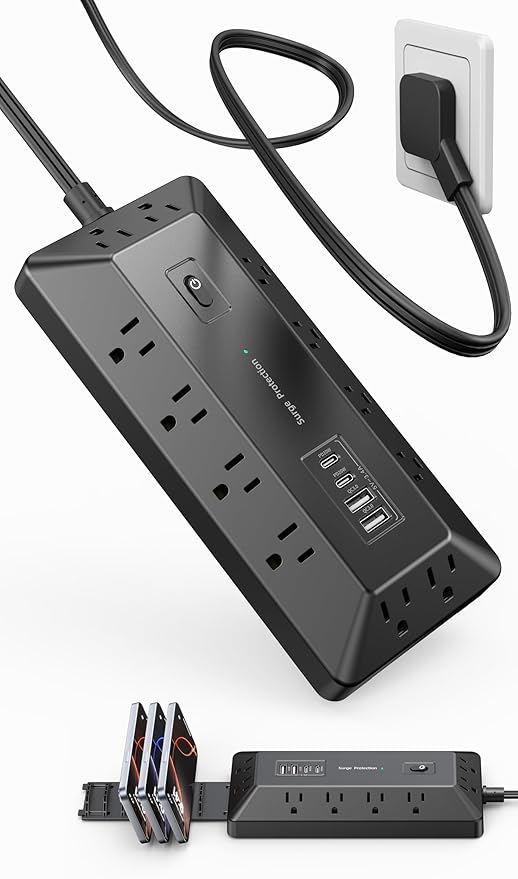 Surge Protector Power Strip with USB Ports, 12 Outlets 2 USB-C 2 USB-A, 6 Ft Flat Plug Extension Cord, Multi Plug Outlet as Charging Station for Desk, Office, Home,Dorm, UL Certification (Black)