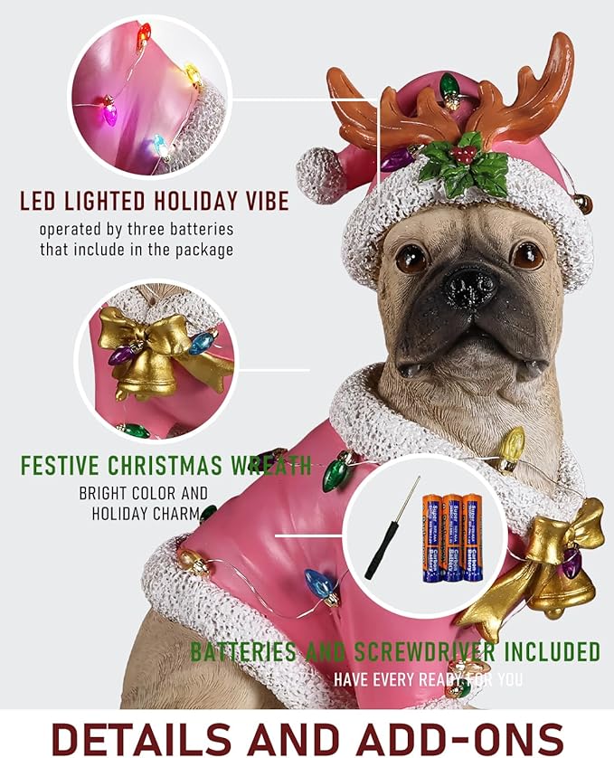 Christmas Outdoor Decoration Dog Statue, LED Light Cute English Bulldog Sculpture with Pink Santa Outfit & Lights for Garden and Yard, Indoor Holiday Décor Gift for mom and dad
