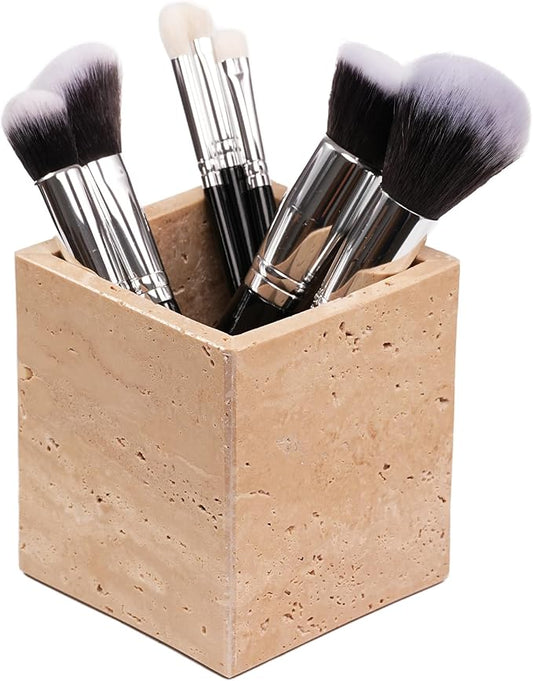 Marble Makeup Brush Holder - Travertine Candle Toothbrush Cup for Bathroom Accessories, Decorative Pencil Organizer for Office Desk Aesthetic, Stone Utensil Container for Kitchen