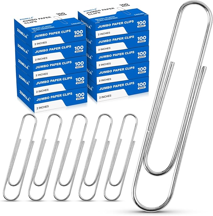 Large Paper Clips, Zomilla 1000pcs 2 Inches Jumbo Paper Clips Silver, Smooth Recyclable Large Paperclips for Office Home School, Stainless Steel Rustproof & Durable Big Paperclip