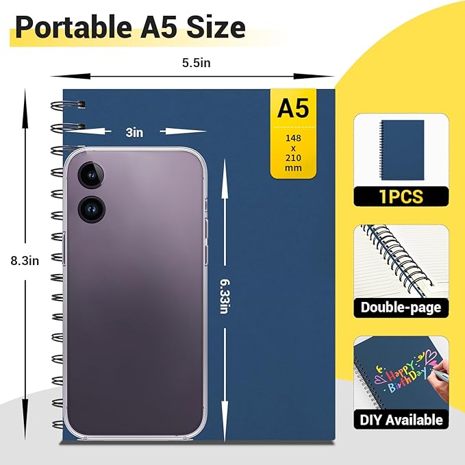 EUSOAR Blue Journal, 1 Pack A5 5.5"x8.3" Hardcover Spiral Lined Notebook College Ruled, 240 Pages(120 Sheets) Writing Pads Professional Notebook for DIY Note Taking School Business Work Office Diary