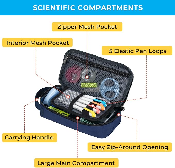 ECHSRT Big Pencil Case, Aesthetic Portable Zipper Pencil Bag with Hidden Pocket, Special Pouch for Men Women Adults, Stationery Organizer Pen Cases for Office Travel, Blue