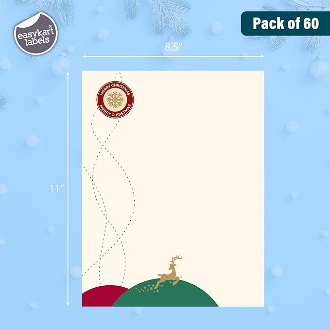 easykart labels Christmas Stationery Paper Letterhead Sheets 60 Pack Holiday Xmas Theme Design For Writing Letters Computer Office Notes & Printing Supplies Size 8.5" X 11"