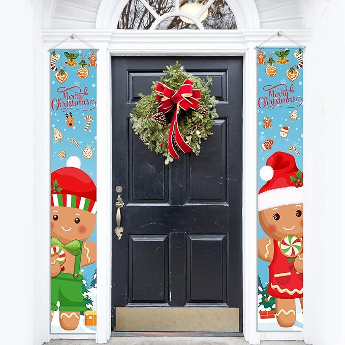 2 Pcs Christmas Porch Sign Gingerbread Door Sign Banner Christmas Hanging Door Banner for Outside Indoor Outdoor Home Front Porch Holiday Xmas Decorations Gingerbread Party Supplies