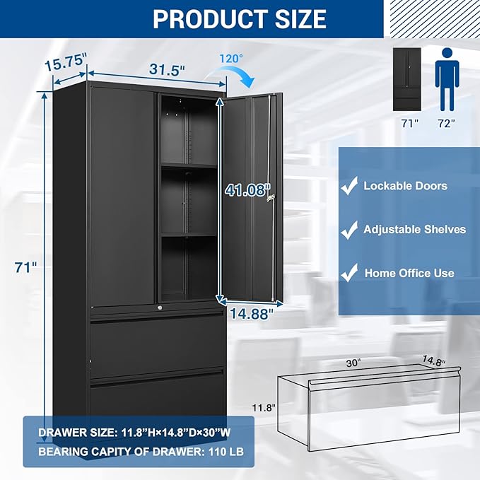 Metal Cabinets with Lockable Drawers and Doors Lateral File Cabinets Steel Filing Lockers Book Case for Home Office Hanging Files Letter/Legal/F4/A4 Size