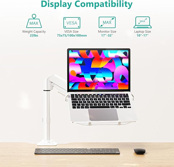 WALI Laptop Tray Desk Mount, Laptop Arm Mount Fits 10-15.6 Inch Notebook, 2-in-1 Gas Spring Monitor Arm for 17-32 Inch Computer Screen, Holds up to 22lbs(GSDM00LPW), White