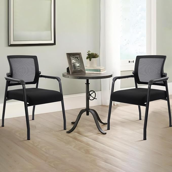 Desk Chair No Wheels with Adjustable Mesh Backrest, Arm Chair with Ergonomic Lumbar Support and Thickened Seats Cushion, Waiting Room Chairs for Office School Church Guest Reception, 2PACK