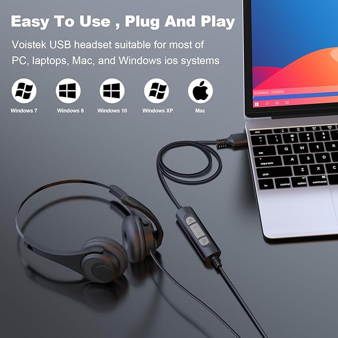 USB Headset with Microphone,Wired On Ear Computer Headphones with Noise Cancelling Microphone for Laptop PC,in-line Control for Work, Office, Teams, Zoom, Skype, Online Class