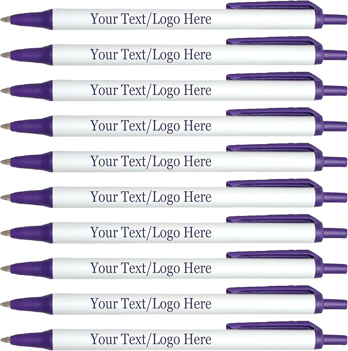 Personalized Click Stick Pens With your Custom Logo or Text-300 Pack Bulk-for Businesses, Parties, and Events, Custom Printed Retractable Slim Ballpoint Pens, Dark Purple, Black Ink