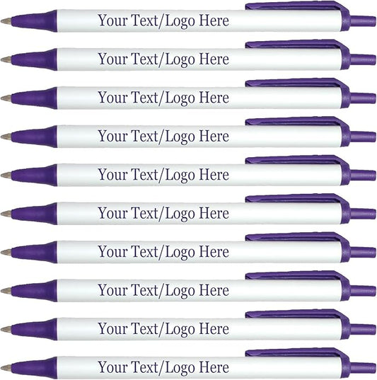 Personalized Click Stick Pens With your Custom Logo or Text-300 Pack Bulk-for Businesses, Parties, and Events, Custom Printed Retractable Slim Ballpoint Pens, Dark Purple, Black Ink