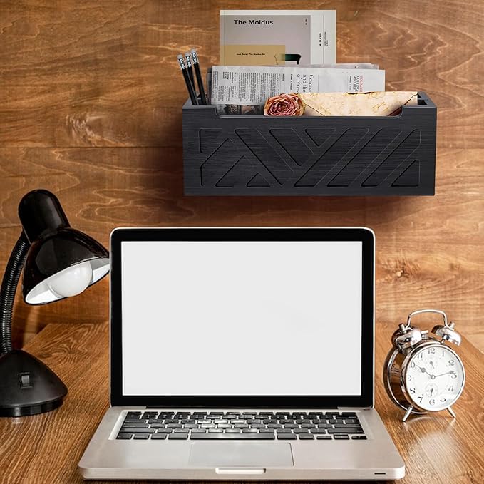Mail Organizer Mail Holder Countertop with 2 Slots, Wood Mail Basket for Wall Table Desk, Envelope Bill Holder for Home Office Decor (Black-2)