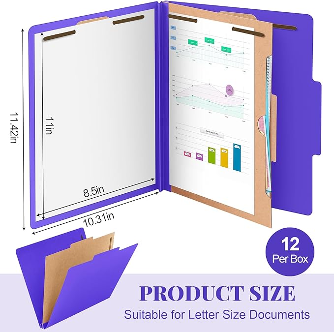 Skyygemm 12 Pack Classification File Folders Bulk with Divider and 2" Expansion, Pressboard Folder with 2 Prong Fasteners for Employee Records Medical Charts Office Document Organization(Purple)