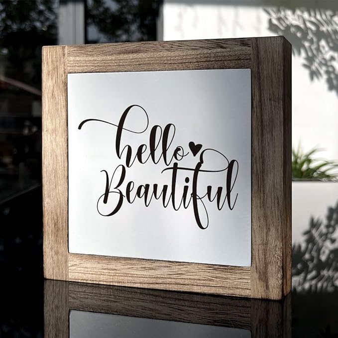 Hello Beautiful Sign, Rustic Wood Sign, Bathroom Decor Set, Wooden Box Signs for Home Decors, Modern Farmhouse Decor for Shelf Tabletop Desk, Housewarming Decors, Bathroom Box Signs B6-122