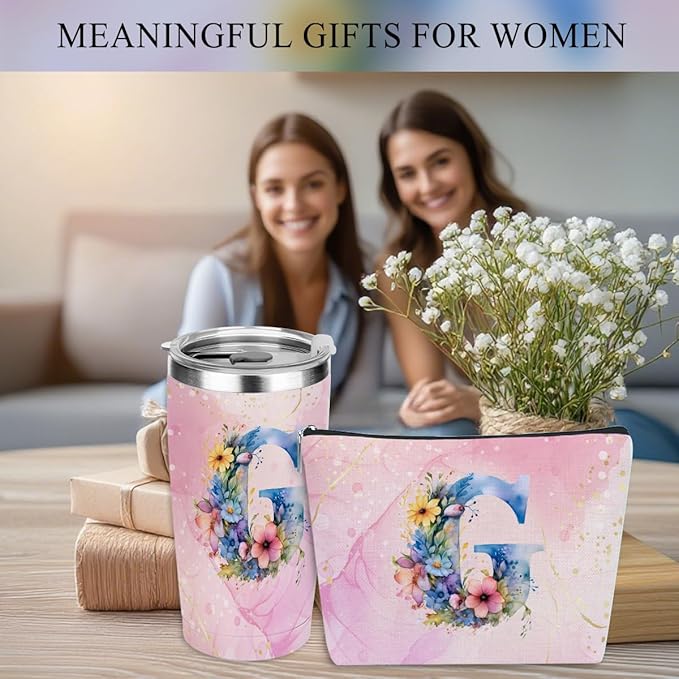 Personalized Gifts Monogrammed Birthday Gifts for Women, Her Employee Housewarming Christmas Initial 20 oz Tumbler, Makeup Bag Cup Ballpoint Pens Journal Notebook 6 Set, (Aesthetic Pink Flower G)