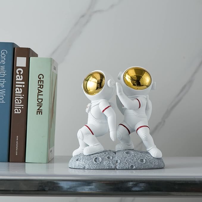 Space Theme Bookends for Shelves, Astronaut Moon Book Ends for Kids Room, Decorative Planet Book Stoppers to Hold Books Heavy Duty, Unique Boys and Girls Gift (Gray)