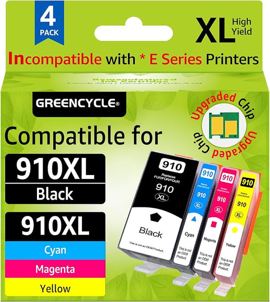greencycle 910XL Ink Cartridges Replacement for HP Ink 910 910Xl Black and Color Combo Pack Compatible with OfficeJet 8010 8015 8018 8022,OfficeJet Pro 8020 8030 8025 8028 8035 Printer (BCMY-4 Pack)