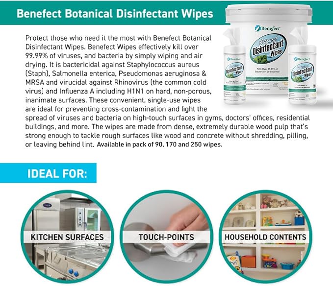 Benefect Botanical Disinfecting Wipes - (170 Wipe Count) Natural, No Residue - Antibacterial Disinfectant, Multi-Surface Cleaning and Sanitizing Wipes