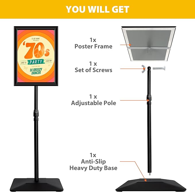 11"x17" Pedestal Poster Sign Holder Stand with Heavy Duty Solid Steel Base, Adjustable Floor Standing Sign Holder for Vertical and Horizontal View Sign Super Stable Displayed Stands, Black