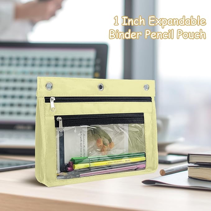 YoeeJob 1 Pack Pencil Pouch for 3 Ring Binder, Expandable Binder Pouches with Zipper, Large Capacity Pen Holder Case with Clear Window School Class Office Organizers, Beige