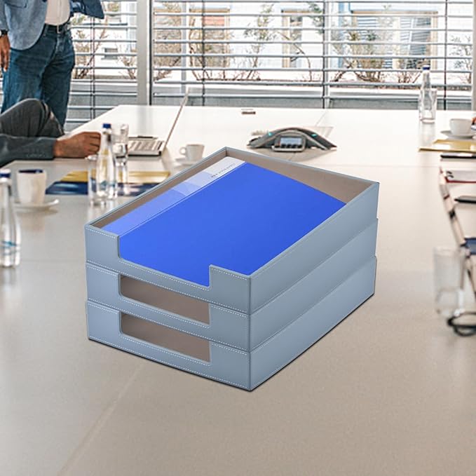 Leather Letter Tray,Stackable File Document Tray,Desk Organizer for Office Supplies,A4 Paper Case Rack,Desktop Organization,Pen Mail Magazine Storage Box (Grey)