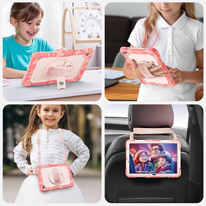 SEYMAC Case for Samsung Galaxy Tab A9+/ A9 Plus 11" (SM-X210/X216/X218), Heavy Duty Shockproof Protective Case with Screen Protector, Rotating Stand, Hand/Shoulder Strap, Multicolor/Pink