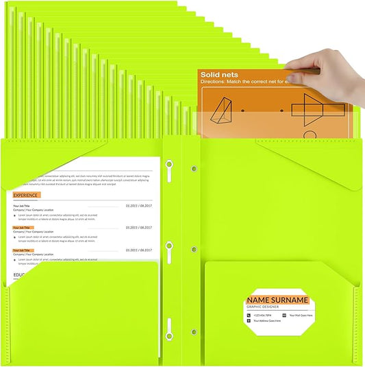 Henoyso 72 Pcs Plastic Folder with Clear Front Pocket and 3 Prong Plastic Folders with Card Slot Pocket Folders with Prongs for School Office (Fluorescent Green)