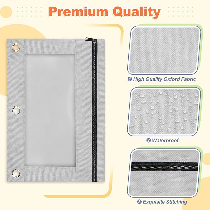 Shemira Pencil Pouch for 3 Ring Binder, Binder Pencil Pouch with Smooth Zipper, Clear Window Pencil Case for Binder, Zipper Pencil Pouches, Big Capacity 3 Ring Binder Pencil Bag, Grey