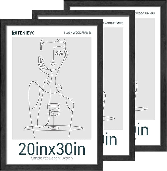 20x30 Poster Frames Set - 3 Pack - Black Solid Wood Picture Frame - Exclusive Woodgrain - Rooms, Offices, Gallery, Studio, and Hallway, Wall Display Decor