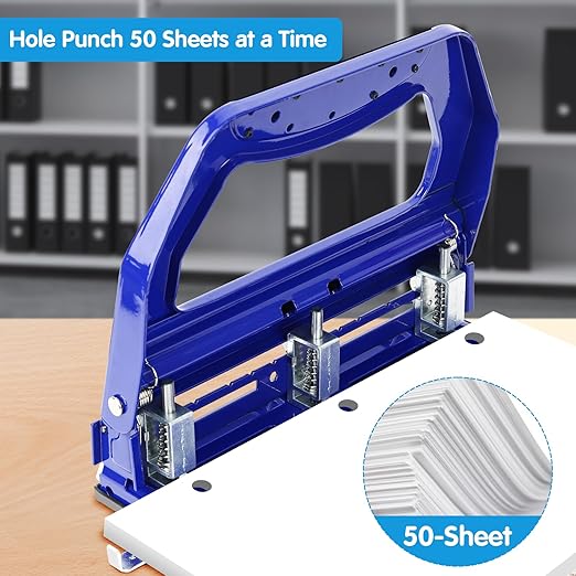 AFMAT 3 Hole Punch, Metal Heavy Duty Paper Punch with 50-Sheet Capacity and Removable Punch Heads for 2 Hole Punch Function, Large Chip Tray, Blue