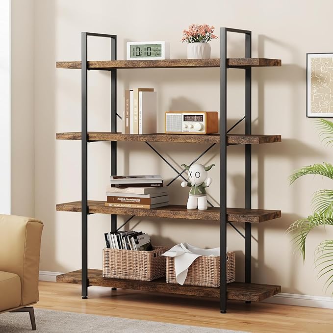 4 Tier Bookcase, 47 Inch Wide Wood Bookshelf, 120lbs Shelf Capacity, Rustic Open Shelving Industrial Display with Reinforced Horizontal Brown Shelves for Living Room Bedroom Office