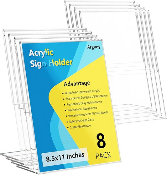 8 Pack Acrylic Sign Holder, Clear 8.5 x 11 Inch Slant Back Vertical Sign Holder, Tabletop Plastic Paper Picture Frame Flyer Document Display Stand for Home, Office, Restaurants, and Stores