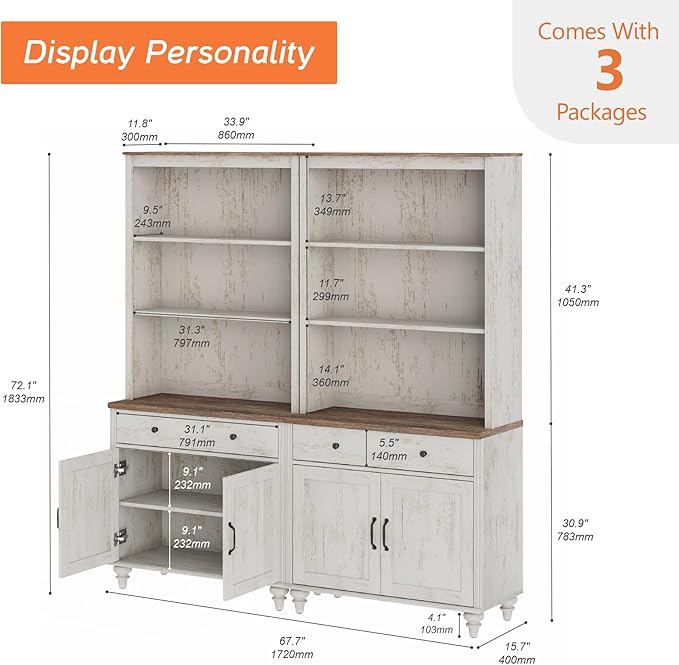 WAMPAT 5 Tier Bookshelf 72" Tall Bookcase with Barn Doors, Large Farmhouse Display Book Shelf with 2 Drawers and Storage Cabinet, Library Wood Bookshelves for Living Room,Kitchen, Rustic White (2PCS)