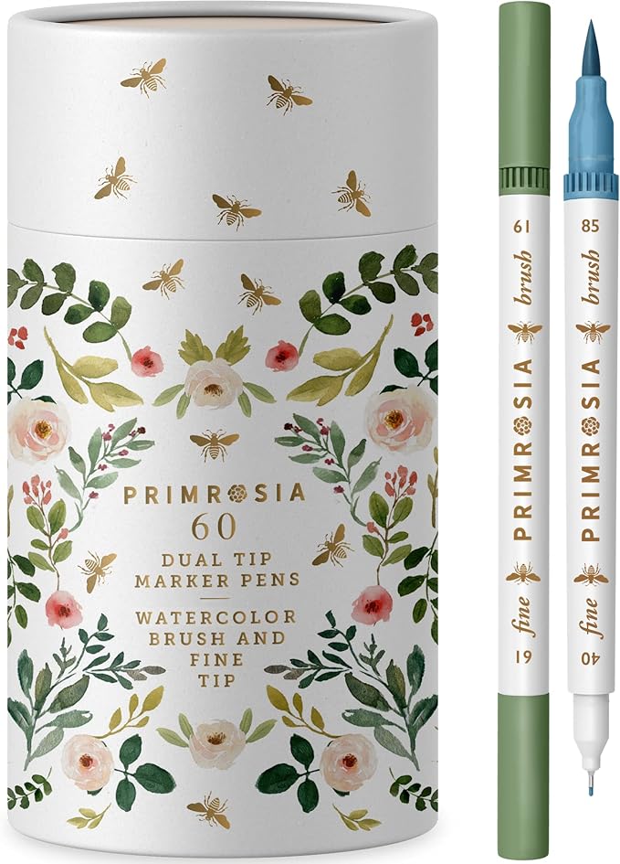 Primrosia 60 Dual Tip Marker Pens, Fineliner and Watercolor Brush Pens for Art Sketching Illustration Calligraphy Permanent Highlighter Bullet Journal Drawing Coloring