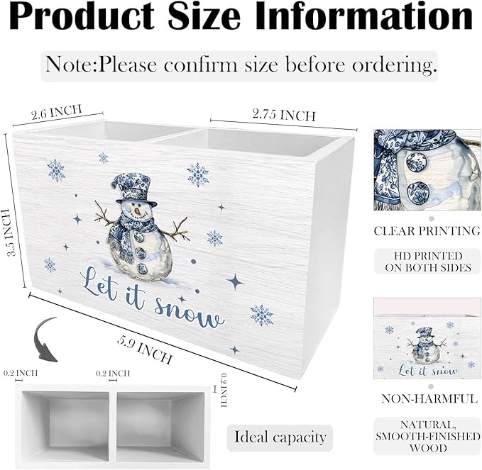 Chinoiserie Christmas Snowman Pen Holder for Desk, Winter Snowman Wooden Box Sign Desk Decor for Home Office Decoration, Grandmillennial Christmas Pencil Organizer