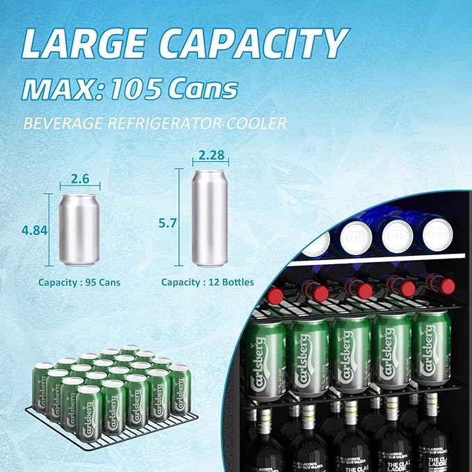 Compact Beverage Refrigerator, 95 Can/2.6 Cubic Feet Fridge with Glass Front Door for Soda, Beer or Wine, Under Counter Small Refrigerator with Adjustable Shelve & Digital Display(Black)