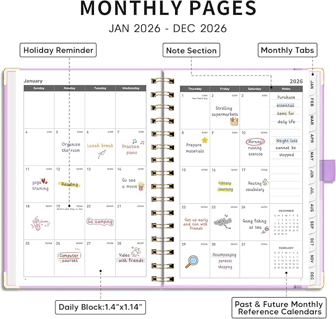 AHGXG 2026 Planner, Weekly and Monthly, 2026 Calendar, Jan 2026 - Dec 2026, Hardcover with Monthly Tabs, 100 GSM Thick Paper, for Women School Home Office Supplies, 6" X 8.38", Purple